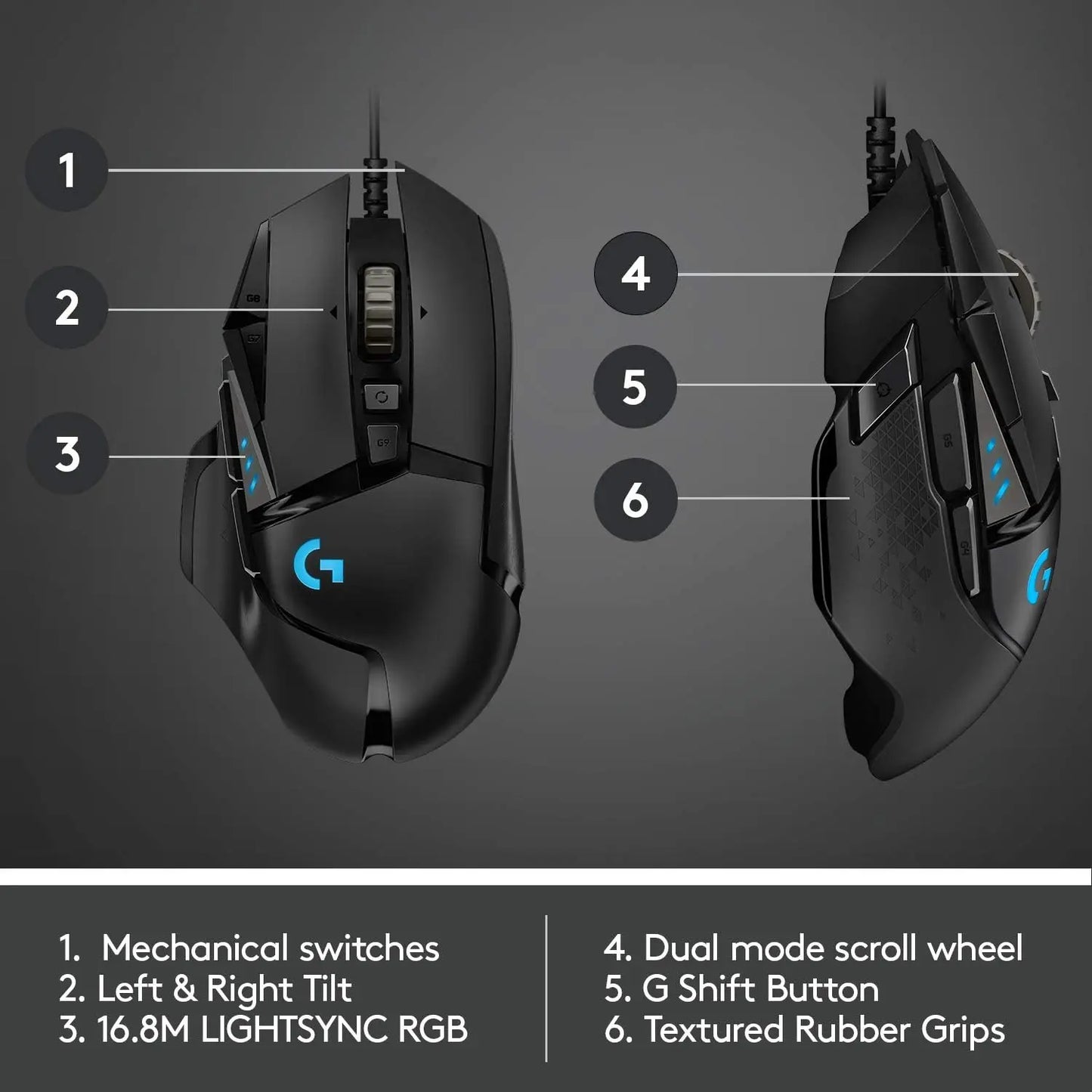 Mouse gaming cablato Logitech G502 HERO ad alte prestazioni, sensore HERO 25K, 25,600 DPI, RGB, pesi regolabili, 11 pulsanti, mouse PC/Mac