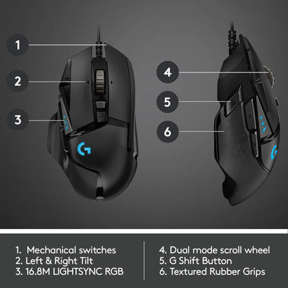 Mouse gaming cablato Logitech G502 HERO ad alte prestazioni, sensore HERO 25K, 25,600 DPI, RGB, pesi regolabili, 11 pulsanti, mouse PC/Mac