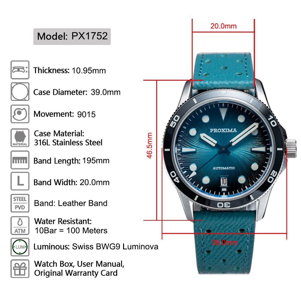 Proxima PX1752 Mechanical Men's Watch 9015 Movement Oil Pressure Business Luxury Men Watches Sapphire Glass 10Bar