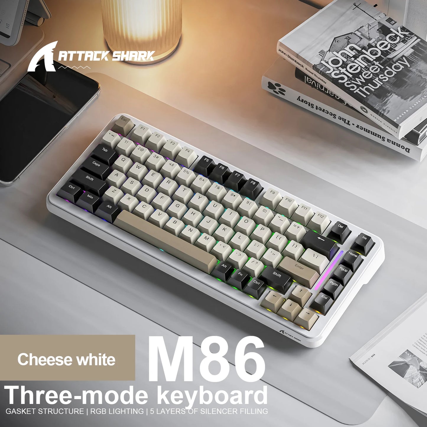 Attack Shark M86 Wireless Mechanical Keyboard 75% Compact RGB Backlit Hot-Swappable Side-Printed PBT Keycaps Tri-Mode 4000mAh
