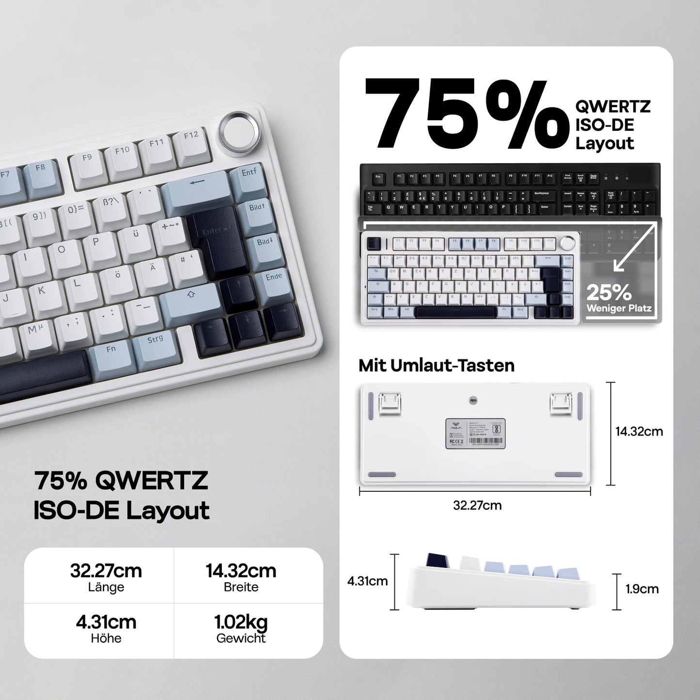 EPOMAKER x AULA F75 ISO-DE Tri-Mode Connectivity QWERTZ German Layout Wireless Mechanical Keyboard with 4000 mAh Battery