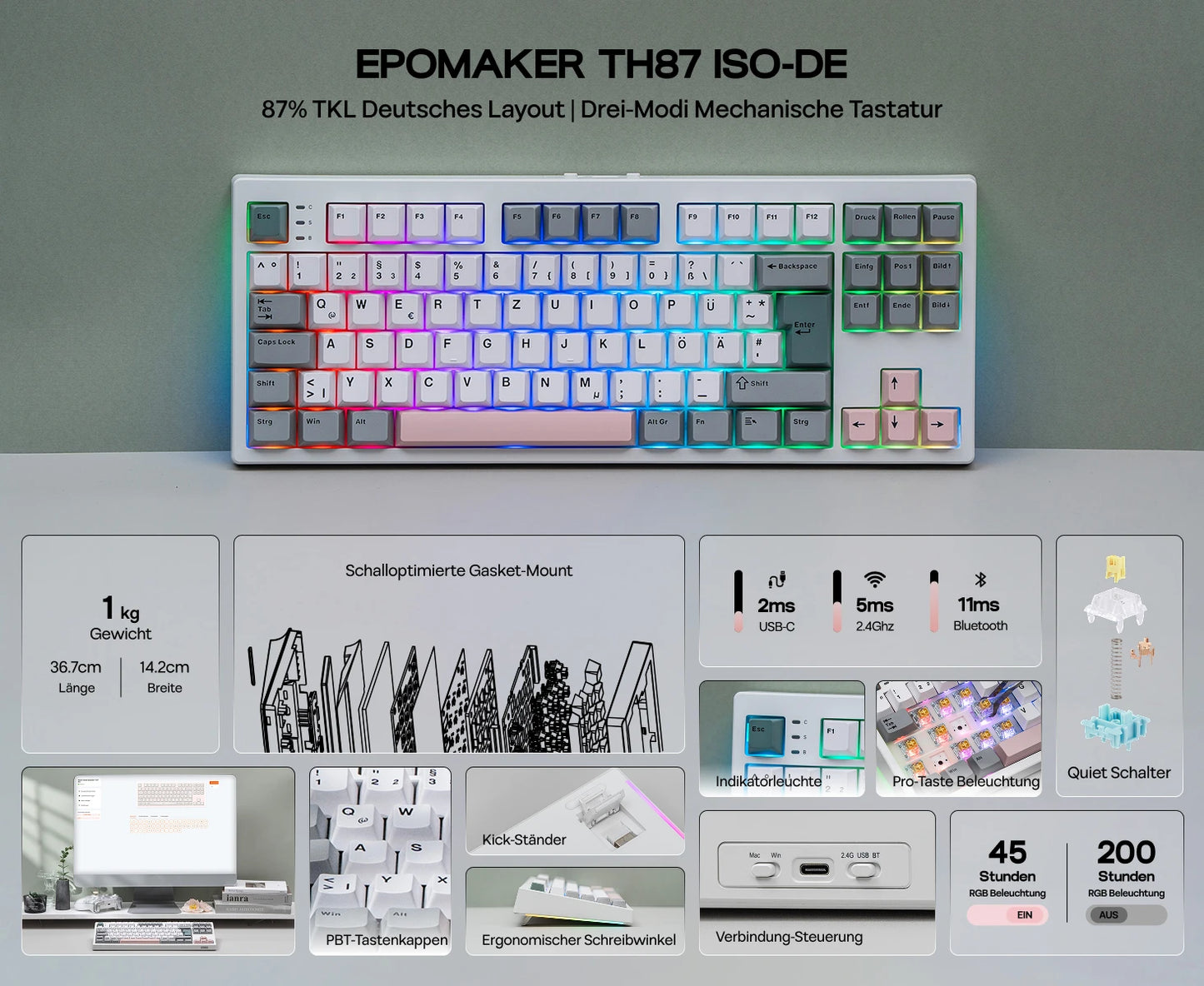 EPOMAKER TH87 ISO-DE Tenkeyless TKL Layout Wired/Bluetooth/2.4 GHz Wireless Mechanical Keyboard with 10000mAh Battery for PC/Mac