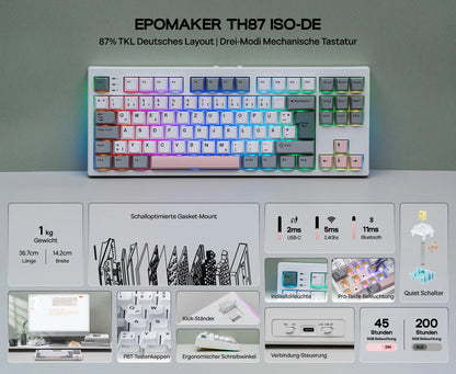 EPOMAKER TH87 ISO-DE Tenkeyless TKL Layout Wired/Bluetooth/2.4 GHz Wireless Mechanical Keyboard with 10000mAh Battery for PC/Mac
