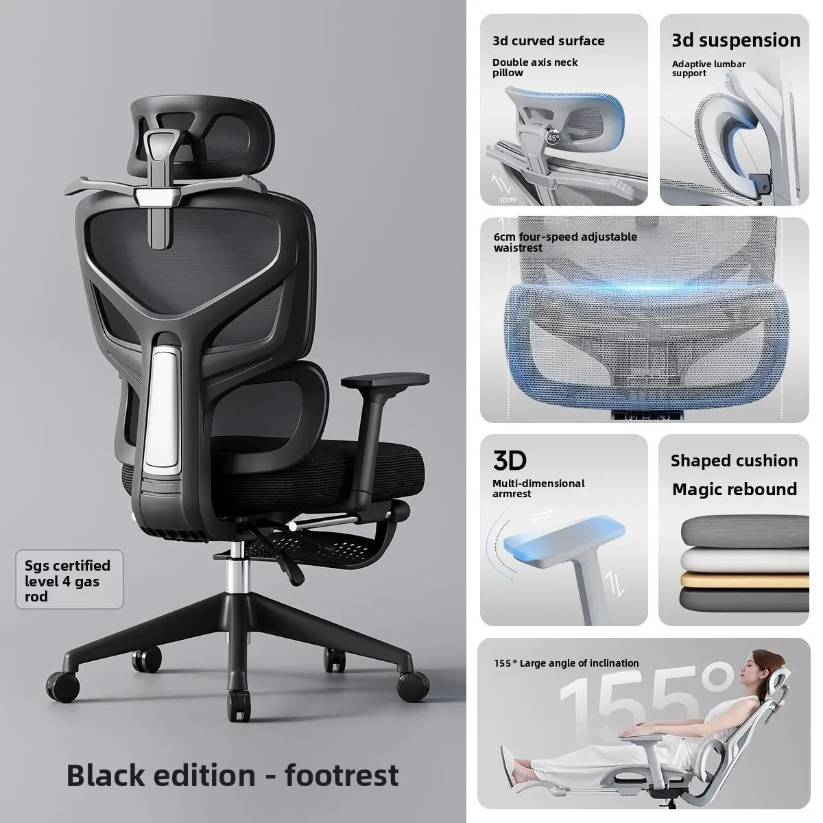 Sedia da ufficio ergonomica in rete con supporto lombare 6D, sedia da computer con schienale alto, sedia da scrivania reclinabile regolabile con poggiapiedi