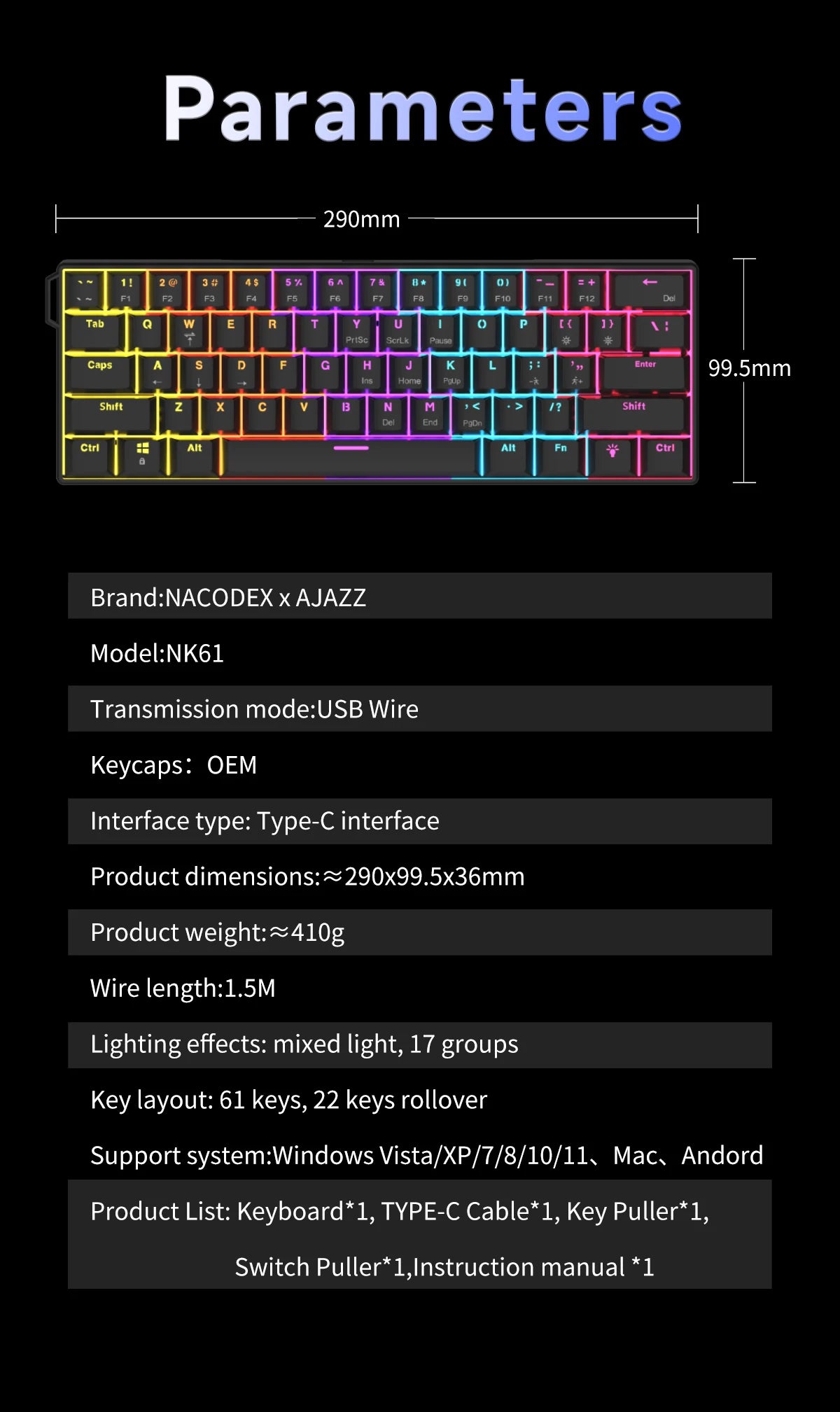 Ajazz NK61 Wired Mechanical Keyboard 60% Mixed Color RGB Hot-Swap 61 Keys Gaming Keyboard Rad Switch for Esports Gamers