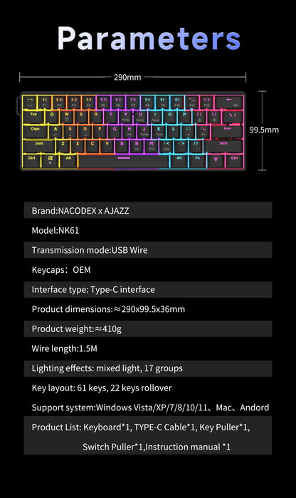 Ajazz NK61 Wired Mechanical Keyboard 60% Mixed Color RGB Hot-Swap 61 Keys Gaming Keyboard Rad Switch for Esports Gamers