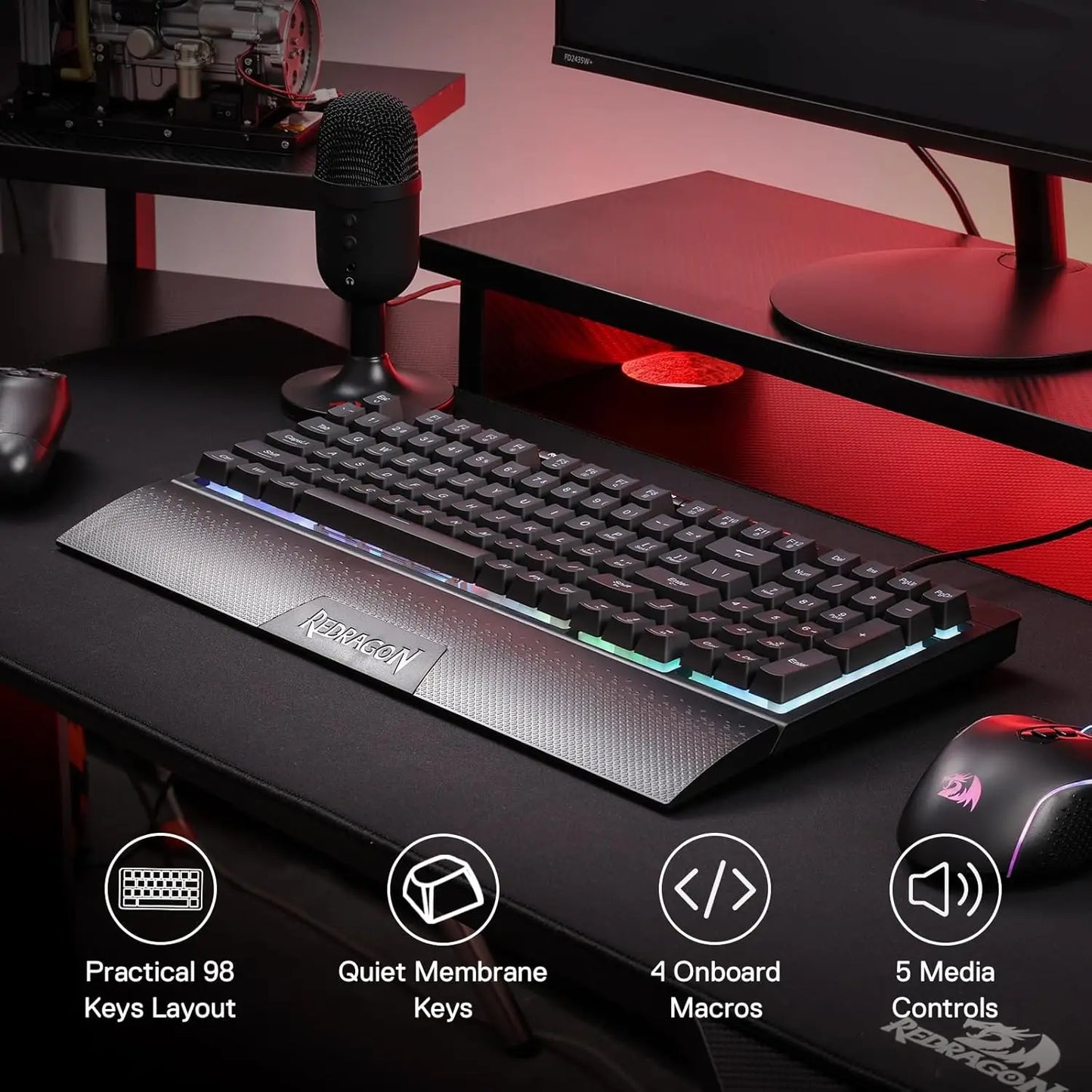 Redragon K515 Shiva RGB Gaming Keyboard 98 Keys Wired Gaming Keyboard with RGB Backlit, Detachable Wrist Rest, Quiet Membrane Keys & Programmable Macros