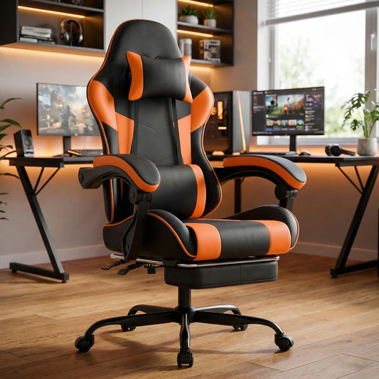 Ergonomic Gaming Chair with Lumbar Support, PU Leather Computer Chair, Adjustable Reclining Gaming Chair with Footrest for Office & PC Setup