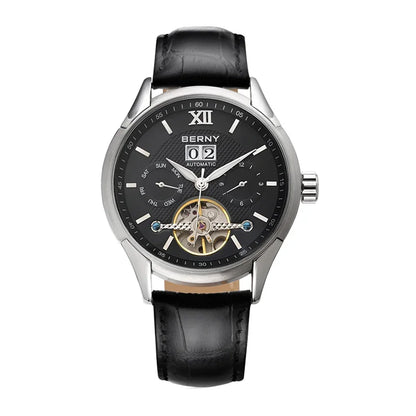 BERNY Automatic Watch for Men Auto Self-wind Mechanical Watches Date Skeleton 5ATM Luxury Male Wristwatches