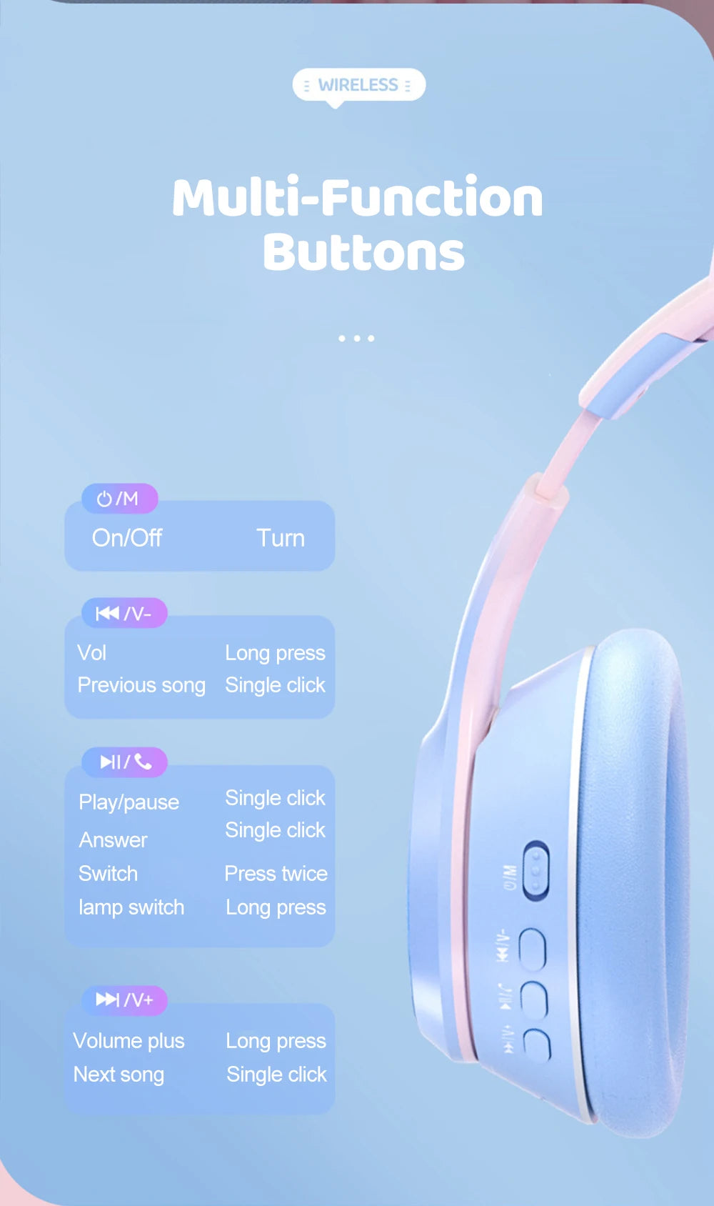 RGB Cat Ear Bluetooth Headphones Wireless Kids Headset with Microphone, Gradient LED Light Gaming Headphones, Stereo Music Bluetooth 5.3 Earphones for Girls
