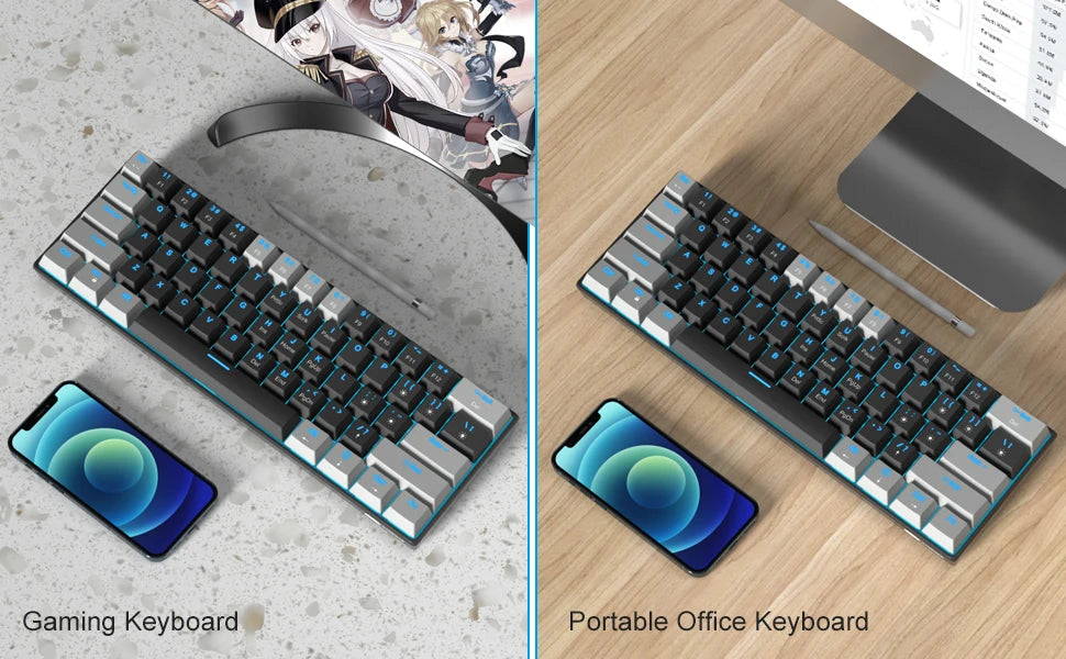 MageGee MK-Star61 60% Mechanical Gaming Keyboard 61Keys Sea Blue Backlit Small Compact Portable 60 Percent Gaming Keyboard Gamer