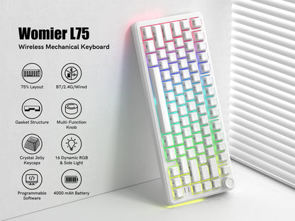 Womier L75 White Crystal Wireless Gaming Keyboard Tri-Modes Hot-Swappable Customized RGB Backlight Mechanical Keyboard Gasket