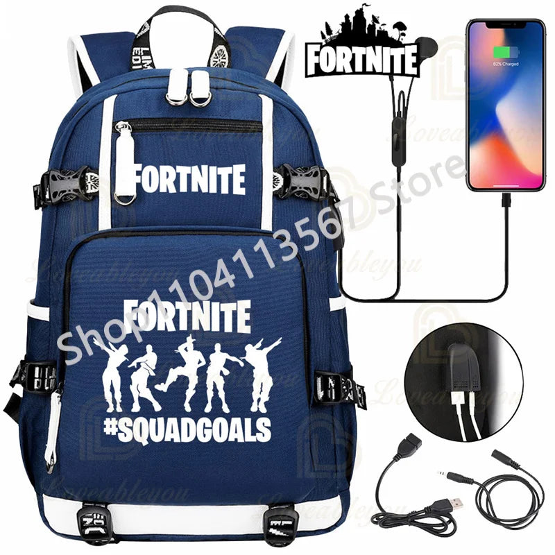 Yule Trooper F-Fortnited Battle Royale Rucksack mit USB-Ladeanschluss, Anime-Figuren, Lern- und Schreibwarenfach für Schüler