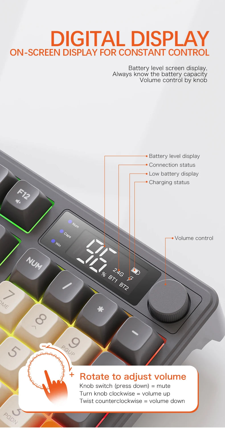Tastiera wireless Bluetooth M96 FREEWOLF con display digitale, retroilluminazione RGB, batteria da 2000mAh e keycap PBT per PC/laptop