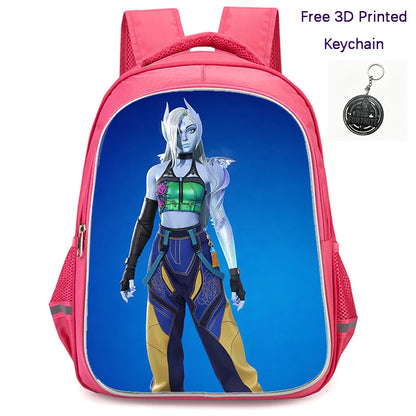 Mochila FORTNITE de 16 polegadas, resistente e leve, bolsos duplos com fecho, estilo cartoon para rapazes e raparigas dos 6 aos 10 anos, porta-chaves 3D impresso grátis