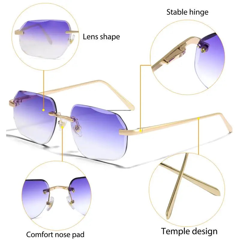 CATERSIDE Fashion Frameless Men's Sunglasses with Design Sense Lenses Metal Temple Sunglasses Women's Party Travel Sunglasses