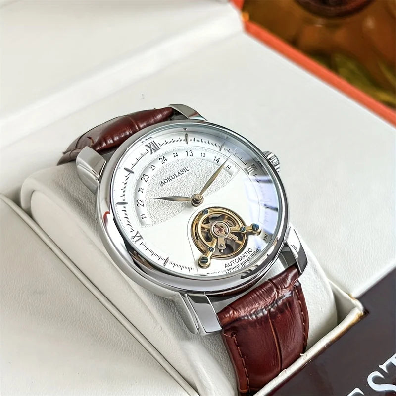Pánské mechanické hodinky s automatickým nátahem – elegantní prolamovaný design, moderní styl „business casual“, pouzdro ze slitiny a kožený řemínek, bez baterie