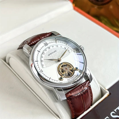 Pánské mechanické hodinky s automatickým nátahem – elegantní prolamovaný design, moderní styl „business casual“, pouzdro ze slitiny a kožený řemínek, bez baterie