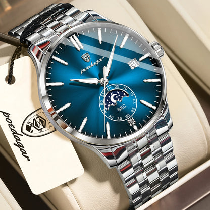 Relógio de luxo para homem POEDAGAR, estilo casual, em aço inoxidável, com movimento de quartzo, à prova de água, luminoso, com data, elegante.