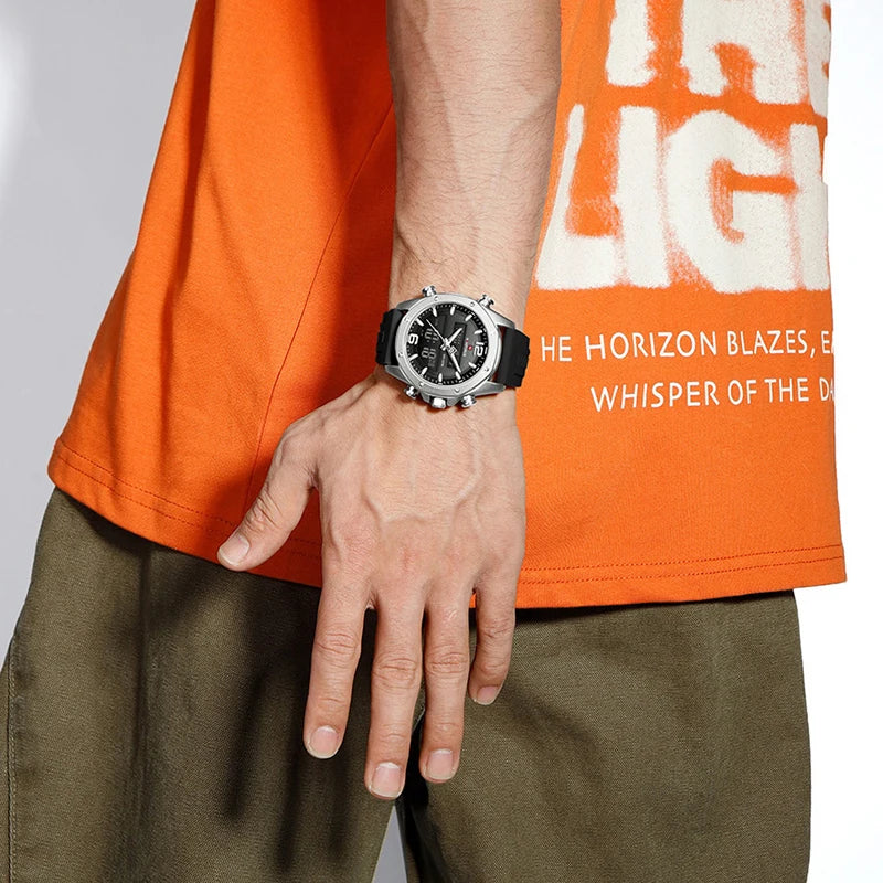 NAVIFORCE Men Quartz LCD Dual Display Watch With Silicone Strap 3ATM Waterproof Shockproof Night Light Round Case Sport Casual