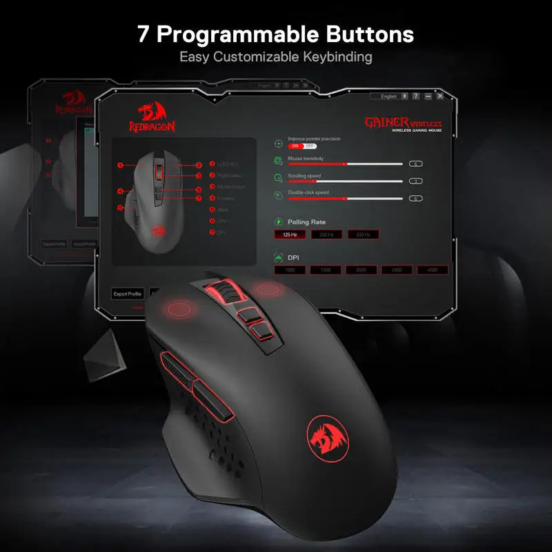 Brezžična gaming miška Redragon M656 Gainer, 4000 DPI, 2.4Ghz brezžična gamerska miška s 5 ravnmi DPI, 7 makro gumbi, rdeča LED-osvetlitev