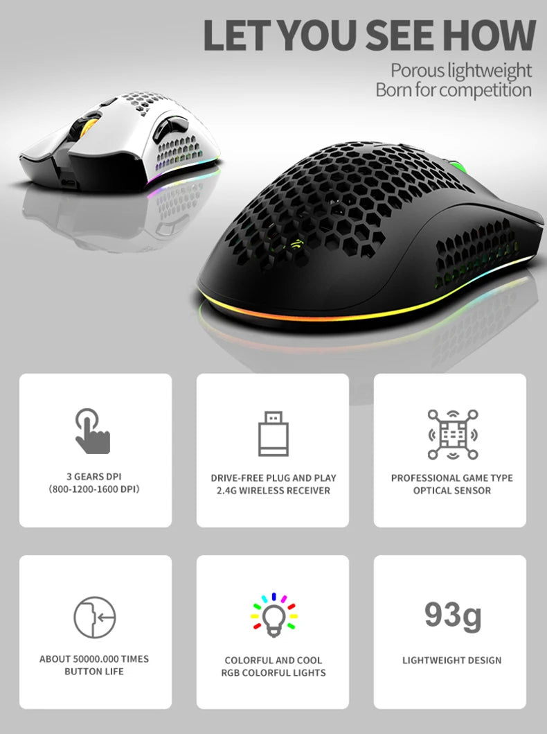 BM600 Rechargeable Wireless Gaming Mouse, 2.4G RGB Honeycomb Gaming Mouse with 12000 DPI, 7 Programmable Buttons, USB Gaming Mouse for PC & Laptop