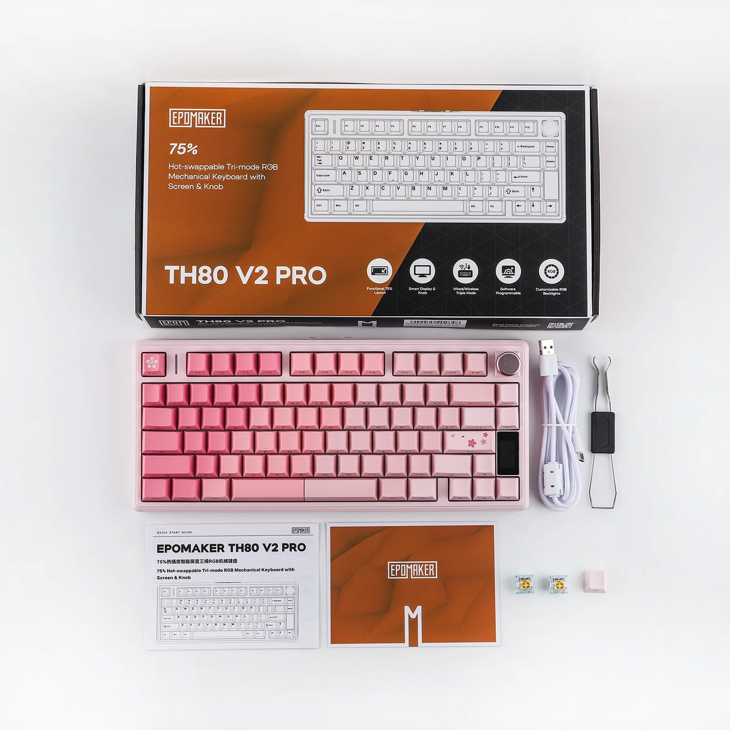 EPOMAKER TH80 V2 PRO 75% ANSI US Layout Wired/Bluetooth/2.4Ghz Wireless Mechanical Gaming Keyboard with Screen/ Knob & 10000mAh