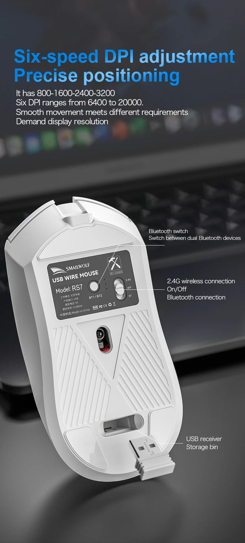 Bezprzewodowa mysz gamingowa SMAILWOLF RS7 Bluetooth, trzy tryby, PAW3311, makra, do laptopa, gier i biura