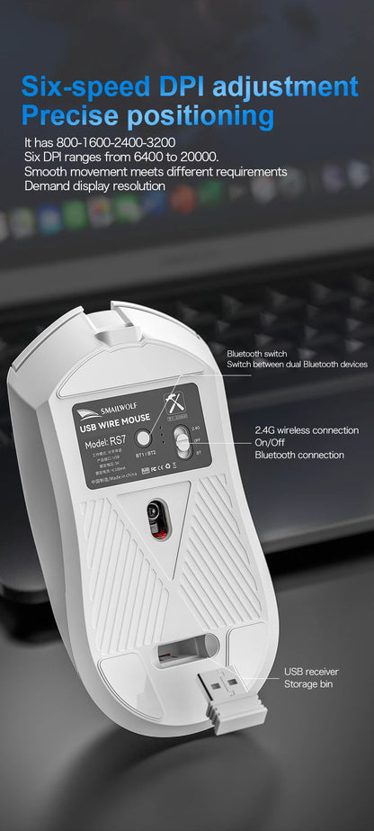 Bezprzewodowa mysz gamingowa SMAILWOLF RS7 Bluetooth, trzy tryby, PAW3311, makra, do laptopa, gier i biura