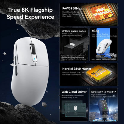 Attack Shark R6 Gaming-Maus 38g ultraleicht, PAW3950 8K Rückmelderate kabellos, Nordic 52840, 24000DPI, Tri-Mode