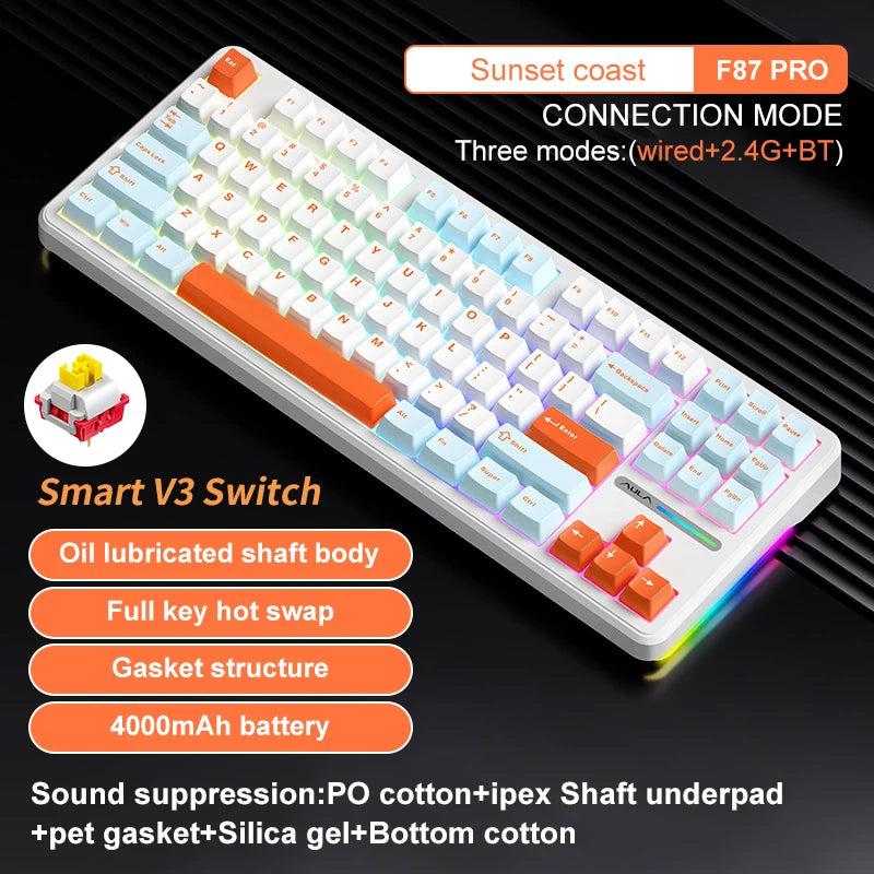AULA F87 Pro Mechanical Keyboard 2.4g/Usb/Bluetooth Tri Mode Wireless 87 Key 5 Layer Silencing Filling Suitable For Gam Original