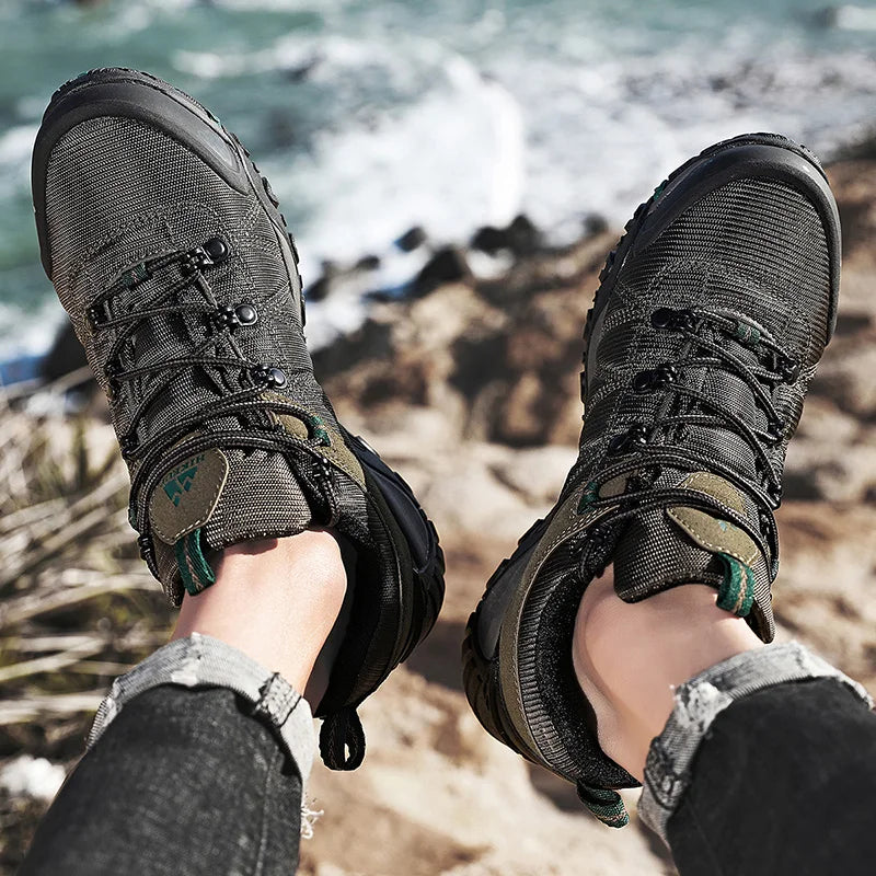HIKEUP miesten neljän vuodenajan vaelluskengät – ulkoiluun ja urheiluun, aitoa nahkaa, kulutusta kestävät kiipeilykengät, kumipohjaiset trekking-sneakerit