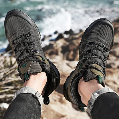 HIKEUP miesten neljän vuodenajan vaelluskengät – ulkoiluun ja urheiluun, aitoa nahkaa, kulutusta kestävät kiipeilykengät, kumipohjaiset trekking-sneakerit