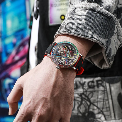 Pánské skeletové hodinky v módním stylu, zdobené drahokamy v barvách duhy, vybavené tourbillonem; luxusní mechanické hodinky s automatickým nátahem, vodotěsné do hloubky 30 metrů.