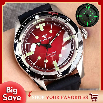 Tandorio Red Blue 40mm PT5000 Japan NH35A Mechanical Automatic Dive Men Watch 20ATM Waterproof Domed Sapphire Screw Crown Reloj