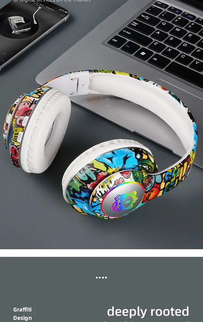 New Graffiti Wireless Bluetooth Gaming Headset LX-8686 with Mic, LED Light, TF Card Support, Deep Bass Over-Ear Headphones for PC, Gaming & Kids