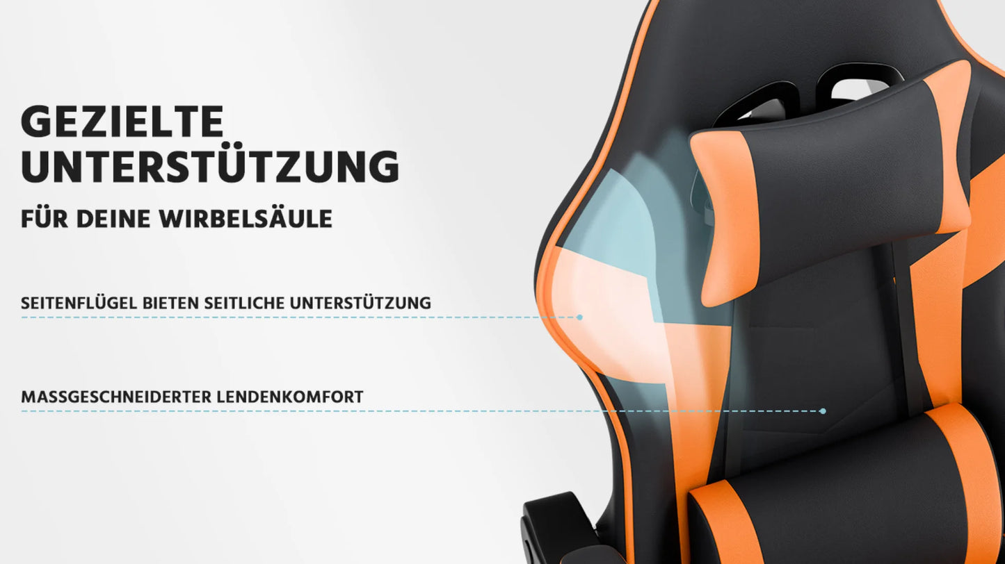 Ergonomic PU Leather Gaming Chair with Lumbar Support, Adjustable Reclining Gaming Chair, Footrest, 200KG Heavy Duty Computer Chair