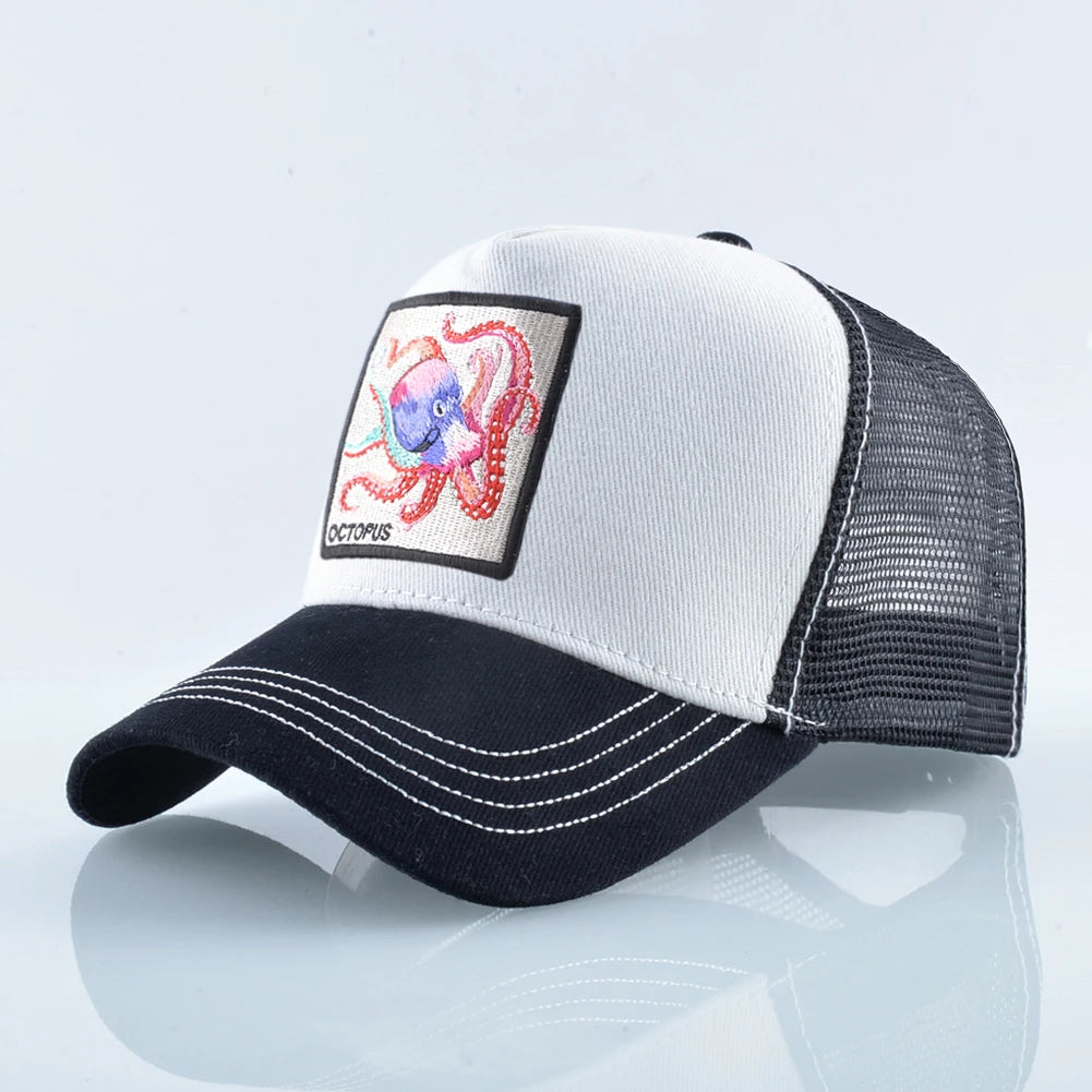 Casquette de baseball unisexe avec écusson pieuvre pour hommes et femmes – Casquettes trucker à fermeture à pression quatre saisons – Casquette de sport décontractée et respirante pour les activités de plein air