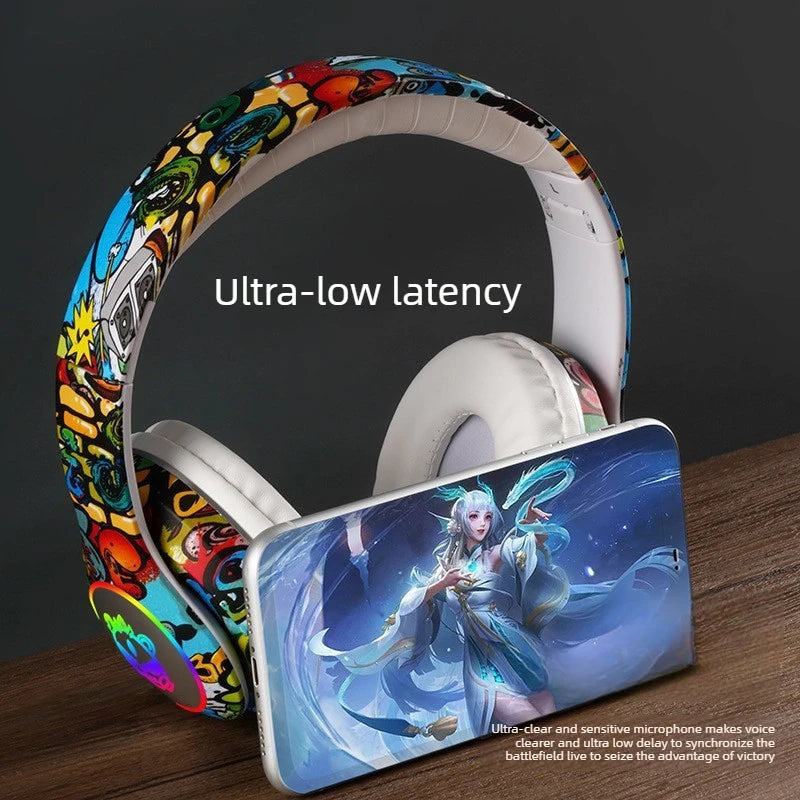 New Graffiti Wireless Bluetooth Gaming Headset LX-8686 with Mic, LED Light, TF Card Support, Deep Bass Over-Ear Headphones for PC, Gaming & Kids