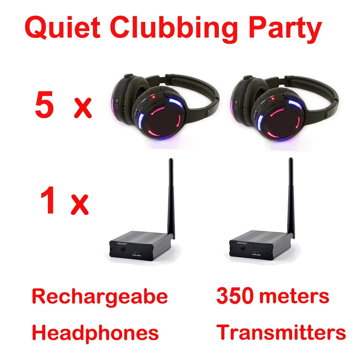 UHF RF Silent Disco Headphones Wireless DJ Headset System with 5 Headphones and 1 Transmitter, 500m Long Range Wireless Silent Party Headphones