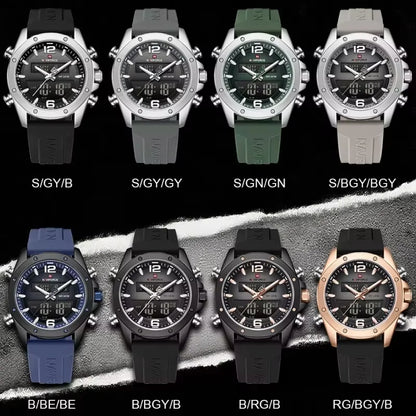 NAVIFORCE Men Quartz LCD Dual Display Watch With Silicone Strap 3ATM Waterproof Shockproof Night Light Round Case Sport Casual