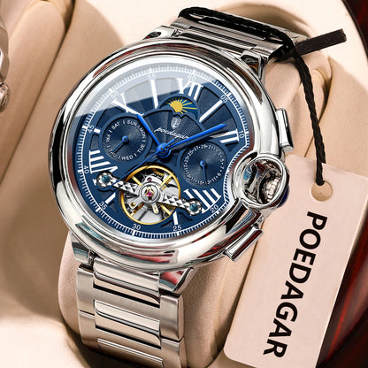 POEDAGAR Herrenuhr im luxuriösen und professionellen Stil, mit Datums- und Wochentagsanzeige, Tourbillon, Edelstahlgehäuse, mechanischem Automatikwerk und Wasserdichtigkeit.