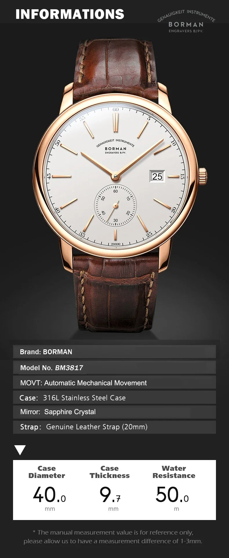 Orologio BORMAN BM3817 TOP nuovo 42 da uomo di lusso, meccanico automatico, vetro zaffiro, ultrasottile, impermeabile 50M, con sottoquadranti