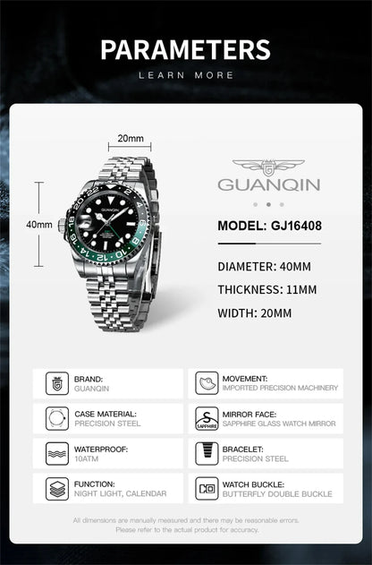 GUANQIN GMT Men's Watches 2025 New Atuomatic Watch Men NH34 Mechanical Wristwatch Sapphire Glass Stainless Steel Clock Left Hand