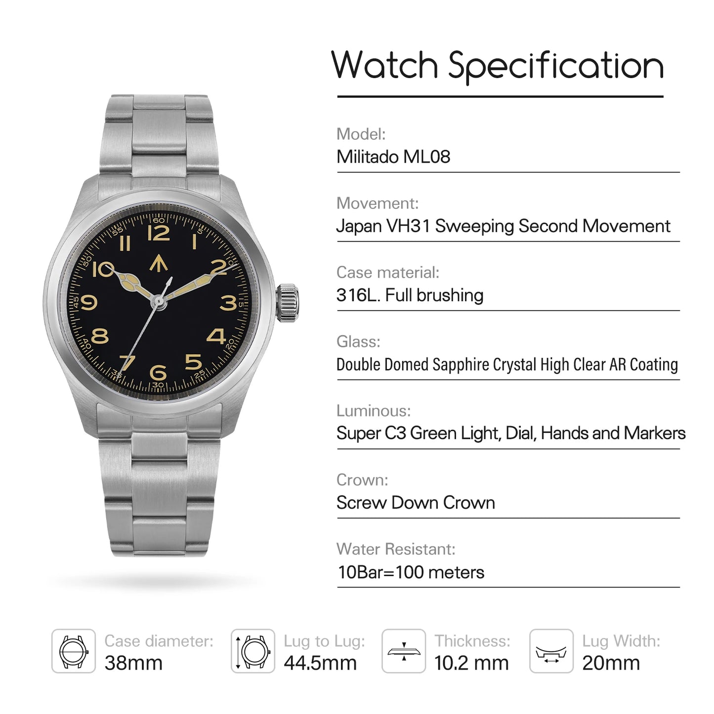 Militado ML08 V2 Vintage-Quarzuhr Military VH31-Uhrwerk Doppeltes Saphirglas C3 BGW-9 Leuchtend Wasserdicht 38mm Uhr
