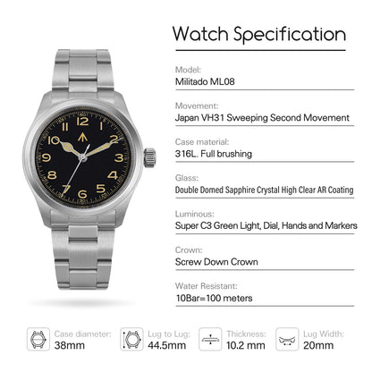 Militado ML08 V2 Vintage-Quarzuhr Military VH31-Uhrwerk Doppeltes Saphirglas C3 BGW-9 Leuchtend Wasserdicht 38mm Uhr