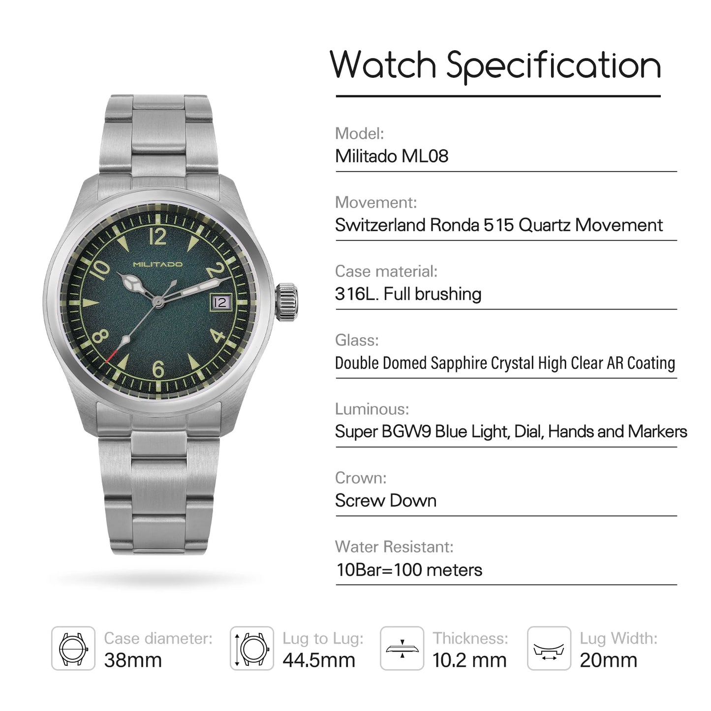 Militado ML08 Switzerland Ronda 515 Quartz Movement Double Sapphire Crystal  BGW9 Luminous 10Bar Waterproof 38mm Vintage Watch