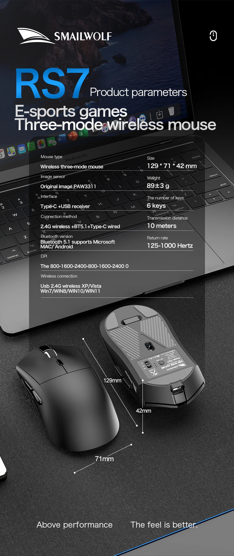 Bezprzewodowa mysz gamingowa SMAILWOLF RS7 Bluetooth, trzy tryby, PAW3311, makra, do laptopa, gier i biura