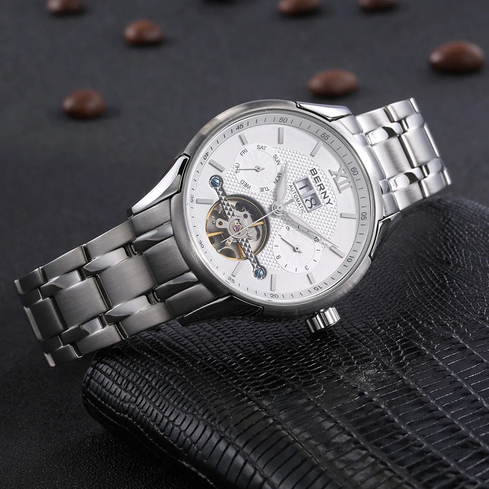 BERNY Automatic Watch for Men Auto Self-wind Mechanical Watches Date Skeleton 5ATM Luxury Male Wristwatches