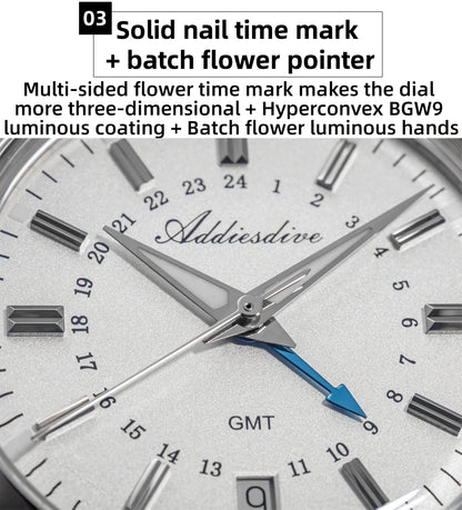 ADDIESDIVE 36mm Men's Analog Watch GMT 515-24H Watch BGW9 Luminous 100m Waterproof Stainless Steel Men's Quartz Watches AD2065